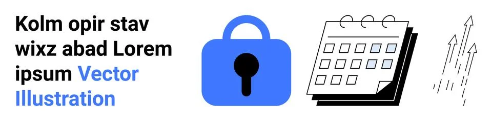 Blue padlock symbolizes data security, calendar represents scheduling tasks,  Ilustración de archivo