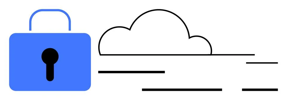 Blue padlock symbolizing security, adjacent to a cloud icon. Ideal for data p Illustrazione stock