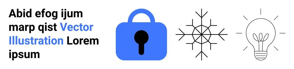 Blue padlock symbolizing security, black snowflake representing complexity, a Illustrazione stock