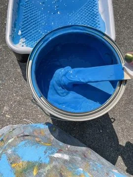 Blue Paint Can Outside Stock Photos