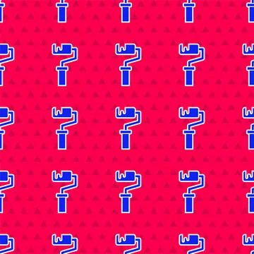 Blue Paint roller brush icon isolated seamless pattern on red background. Vector Illustrazione stock
