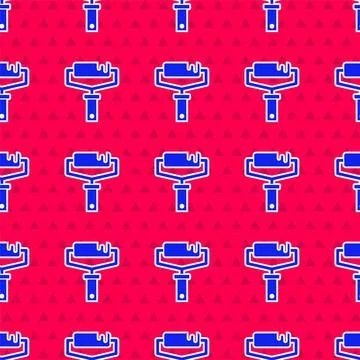 Blue Paint roller brush icon isolated seamless pattern on red background. Vector Stockillustratie
