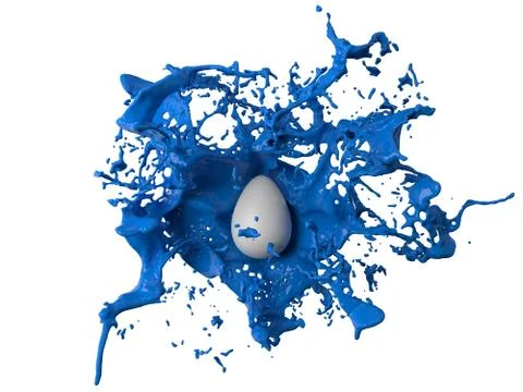 Blue paint splash over a white easter egg. 3d illustration Stock Illustration