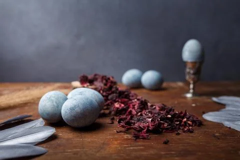 Blue painted easter eggs, one egg in egg cup, dry Hibiscus tea and silver decor Stock Photos