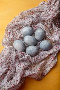 Blue painted Easter eggs on purple towel on yellow bright background. Top view Stock Photos
