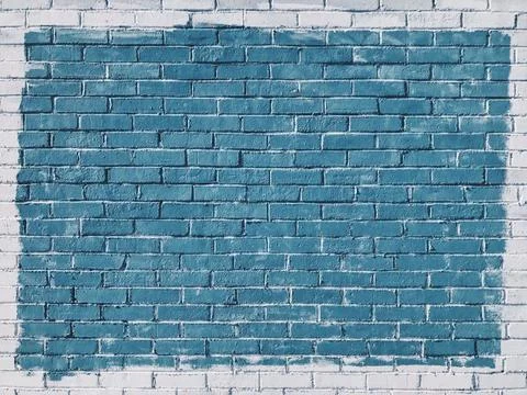 Blue painted rectangle on painted white brick wall. Stock Photos