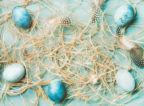 Blue painted traditional eggs for Easter holiday, copy space Stock Photos