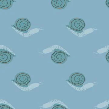 Blue palette seamless pattern with snail ornament. Doodle animalistic print w Stock Illustration