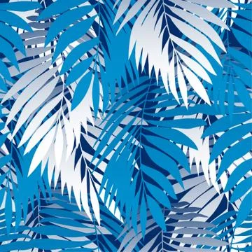 Blue palm leaves in a seamless pattern Stock Illustration