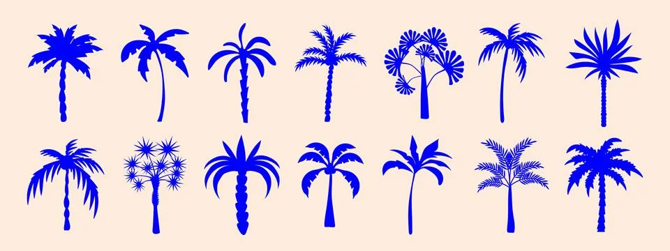 Blue palm tree silhouettes set. Tropical coconut palm icons collection for .. Stock Illustration