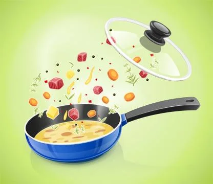 Blue pan with lid. Kitchen tableware. Cooking food. Stock Illustration