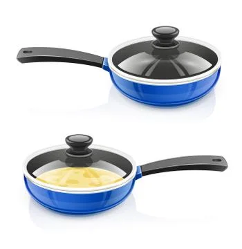 Blue pan with lid. Kitchen tableware. Cooking food. Stock Illustration