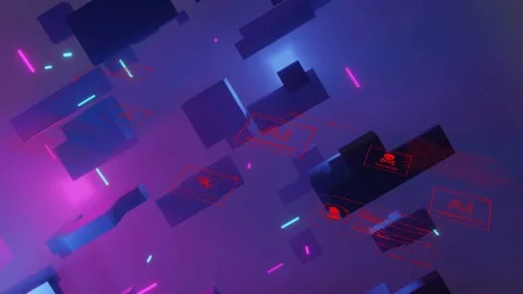 Blue panel appearing triggers panels drifting and rotating aligning red HUD Stock Footage 334337447