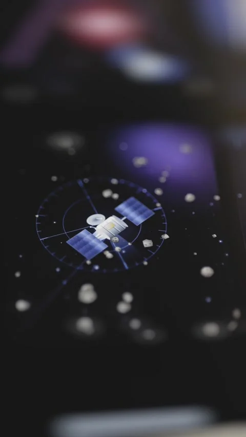 Blue-panel satellite occupies the center of a crowded debris field 動画素材 343380131