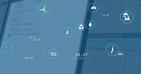 Blue panel sliding left revealing IDE as icons drifting and updating before Stock Footage 317799814