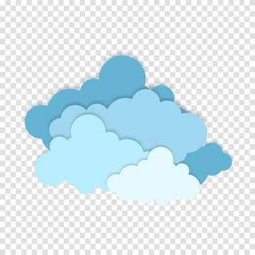 Blue paper cut out cloud icons, signs,weather symbols. Paper cut lot of clo.. Stock Illustration