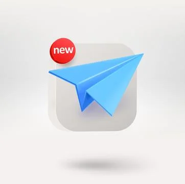 Blue paper plane on a white button. Application icon template. 3d vector ic.. Illustrazione stock