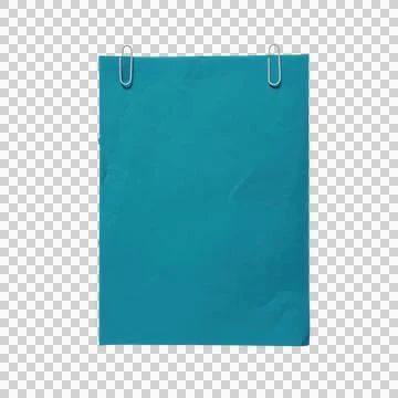 Blue paper sheet held by two silver metal paper clips isolated on a transpa.. Фото