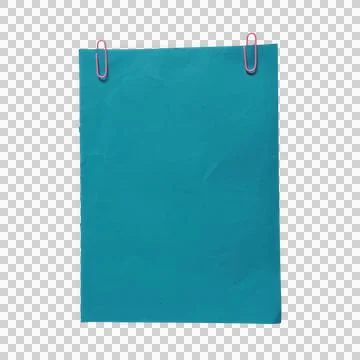 Blue paper sheet held by two red paper clips isolated on transparent backgrou Фото