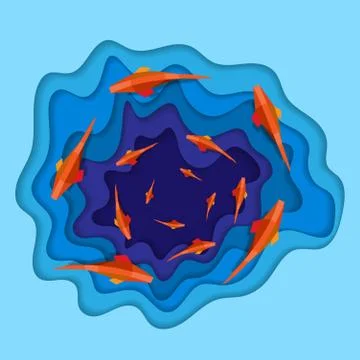 Blue paper waves with fish in circle Stock Illustration