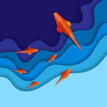Blue paper waves with fish Stock Illustration