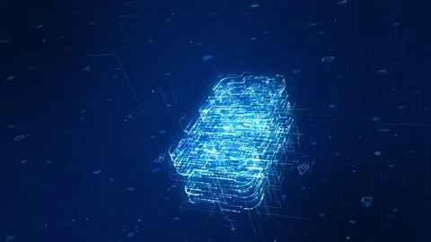 Blue particle battery logo with digital futuristic technology icon on abstract Stock Footage 159462909