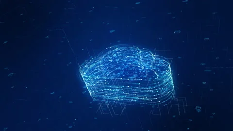 Blue particle cloud storage logo with futuristic technology icon on background Stock Footage 159462882