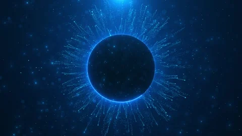 Blue particle eclipse background dark circular center, glowing rim, radial dust Stock Footage 334129061