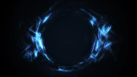 Blue particle energy ring with glowing dust circle, dark abstract light exp.. Stock Illustration