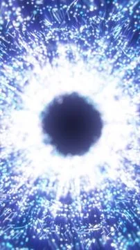 Blue particle explosion forming a luminous vortex with dark center, cosmic po Stock-Illustration