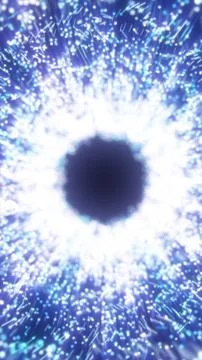 Blue particle explosion forming a luminous vortex with dark center, cosmic .. Stock Illustration