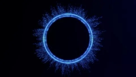 Blue particle ring glowing on dark background. Abstract energy circle with .. Stock Illustration
