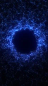 Blue particle ring surrounding a dark void, resembling a digital portal or .. Stock Illustration