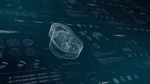 Blue particle security key logo with head up display and futuristic technology Stock Footage 164607626