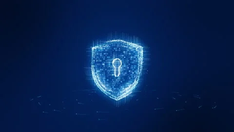 Blue particle shield logo with digital futuristic technology circle rotation Stock Footage 158869164
