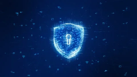 Blue particle shield logo with digital futuristic technology icon Stock Footage 159005785