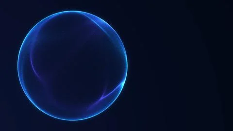 Blue particle sphere with a soft luminous surface and dark empty space, a p.. Illustrazione stock