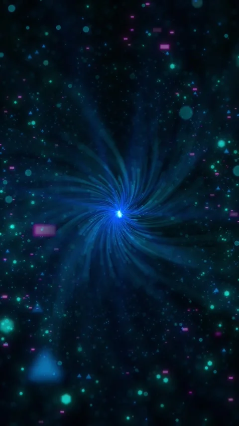 Blue particle vortex portal teal dots, purple accents, glowing central swirl, an Stock Footage 340564904