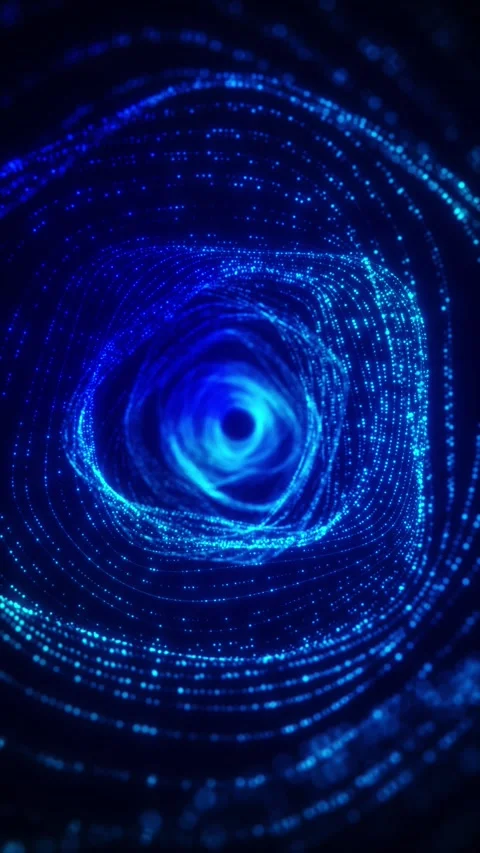 Blue particle vortex tunnel background glowing spiral dots, deep center portal, Stock Footage 340577174