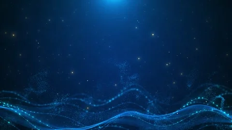 Blue particle wave background glowing dots, flowing curves, star points, and dee Stock Footage 340416255
