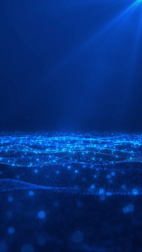 Blue particle wave horizon background glowing dotted surface, soft bokeh lights, Stock Footage 340553255