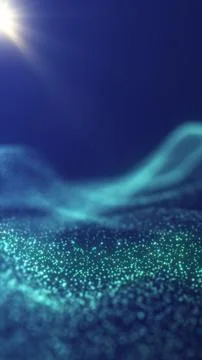 Blue particle wave horizon with soft glow and depth, abstract futuristic da.. Stockillustratie