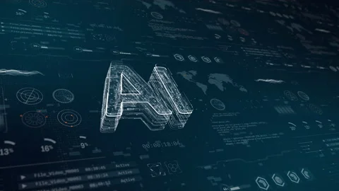 Blue particles AI logo with head up display and futuristic technology Stock Footage 164607600