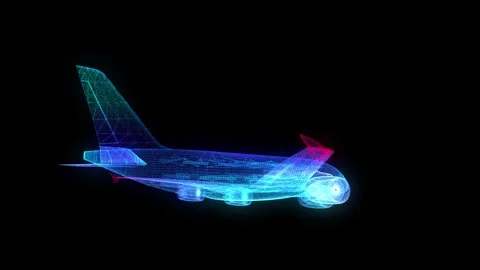 Blue particles and lines form wire-frame Airplane. Digital technology Video stock 314040328