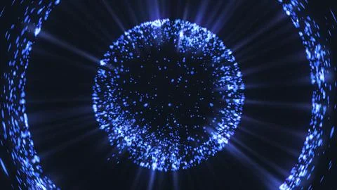 Blue particles create a glowing sphere emitting radiant light beams Stock Illustration