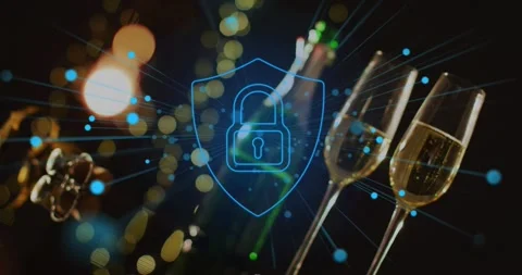Blue particles emerging from bokeh tracing padlock and shield, showing security Video stock 321100144