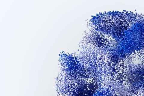 Blue particles explosion on white 3d background. Round granules blast effect Stock Illustration