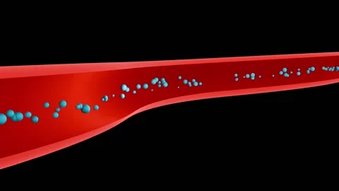 Blue particles floating randomly through a red tube, pipe or vein. Видео 332616767