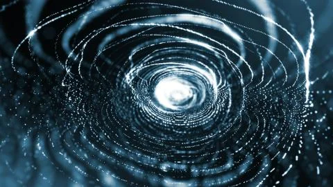 Blue particles form line and surface grid. microcosm or space. 3d rendering イラスト素材