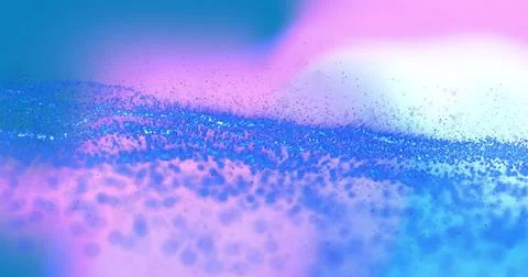 Blue particles forming wave patterns over pink and purple gradient background, Stock Illustration